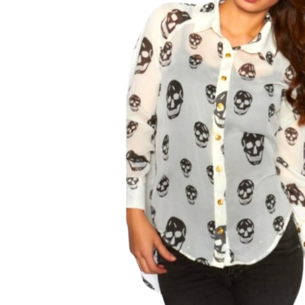 Fun & Flirt Sheer White and Black All Over Skull Print Button Down Top